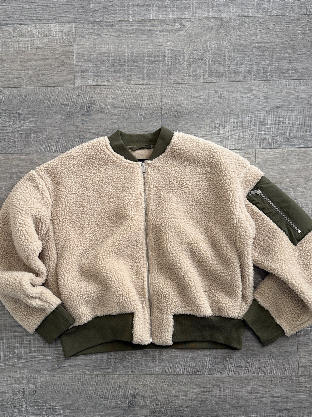Noisy May Cream Sherpa Bomber with Olive Green Trim